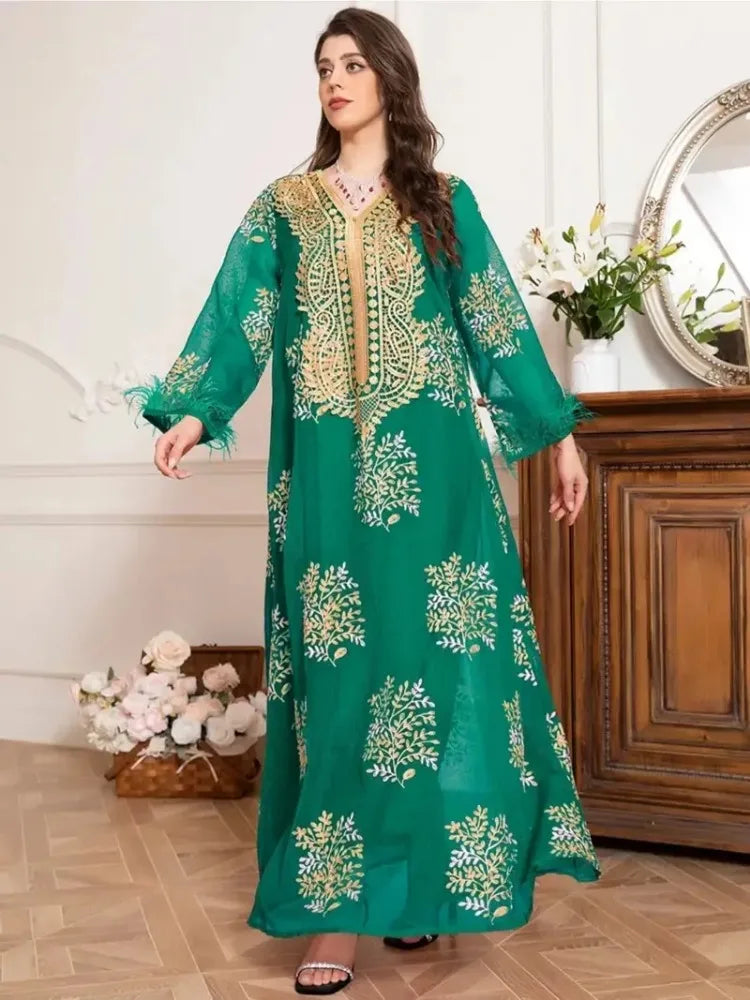 Charming banquet style Round neck Printing Embroidery Regular sleeve Kaftan suitable for all seasons - The Kings Lots