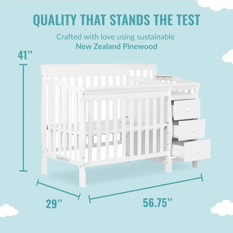4-in-1 Mini Convertible Crib And Changer in White, Non-Toxic Finish, New Zealand Pinewood, 1" Mattress Pad - The Kings Lots