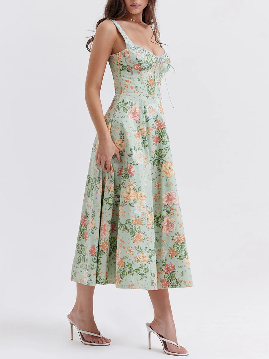 Women Summer Casual Midi Dress Floral Print Low-Cut Sling