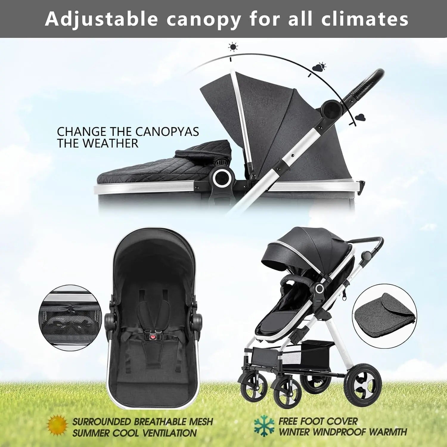 Baby Stroller for Newborn, 2 in1 High Landscape Stroller, Foldable Aluminum Alloy Pushchair with Adjustable Backrest - The Kings Lots