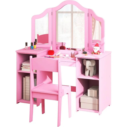 Kids 2-in-1 Princess Makeup Desk & Chair with Detachable Mirror, Shelves, Pretend Play Dressing Table for Girls (Pink) - The Kings Lots