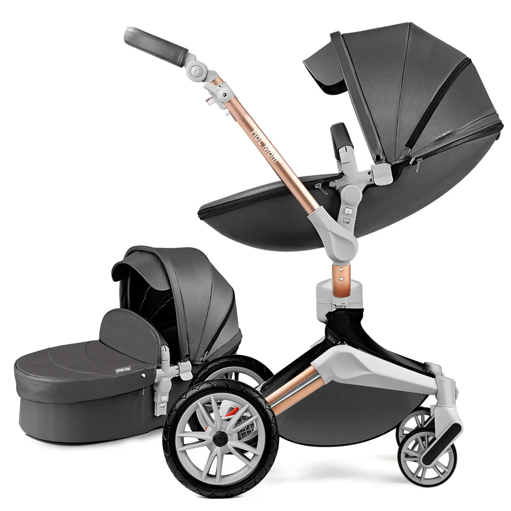 Hot Mom F023 Baby Stroller 2 in 1,Rotates 360 Degrees,PU Leather, Mosquito Net, Rain Cover, Adapter, Cup Holder, large wheels - The Kings Lots