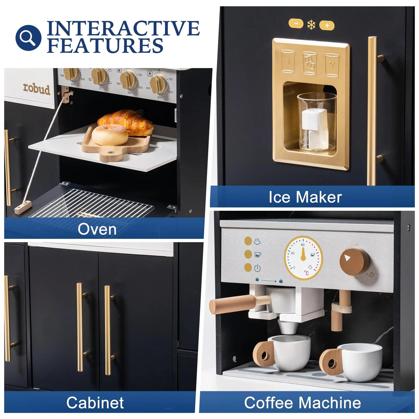 Robud Wooden Play Kitchen Toy Set with Ice Maker and Coffee Machine Realistic Kitchen Gift for Girls and Boys Ages 3 and Up
