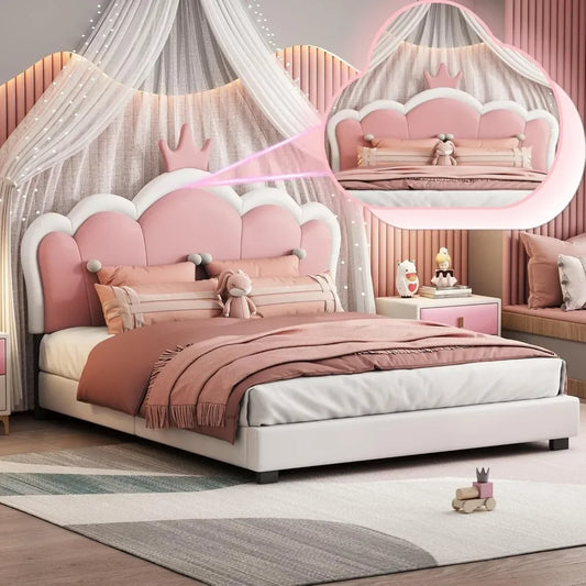 Full Size Upholstered Princess Bed with Crown Headboard, Full Size Platform Bed with Headboard and Footboard Suitable for girls - The Kings Lots