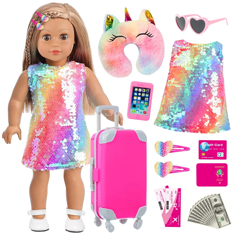 18Inch Doll Clothes Colorful Dress Lovely Travel Suitcase American Girl Doll Summer Outfit Hoodie Baby Toys Wear Girl's Gifts - The Kings Lots