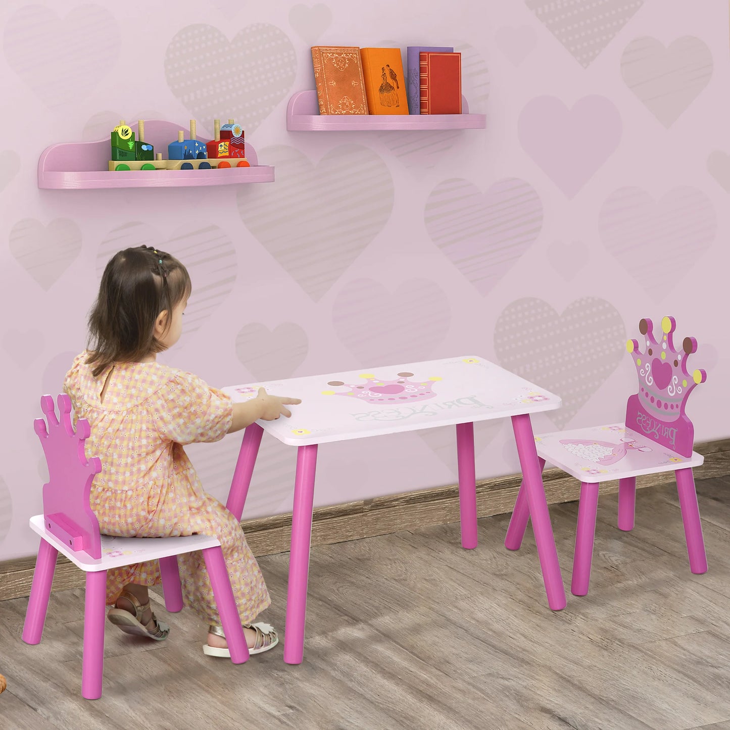 Triple Piece Collection Children's Wood Table Seat with Crown Pattern - The Kings Lots
