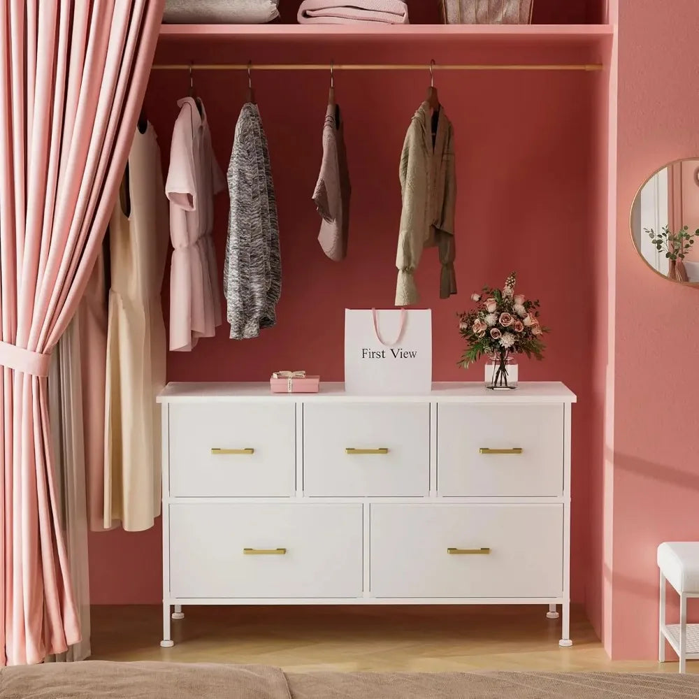 Bedroom 5 Drawer Dresser, White Dresser with Fabric Drawer, Drawer Cabinet PU Finish, Metal Handle, Closet Kids Room, White - The Kings Lots