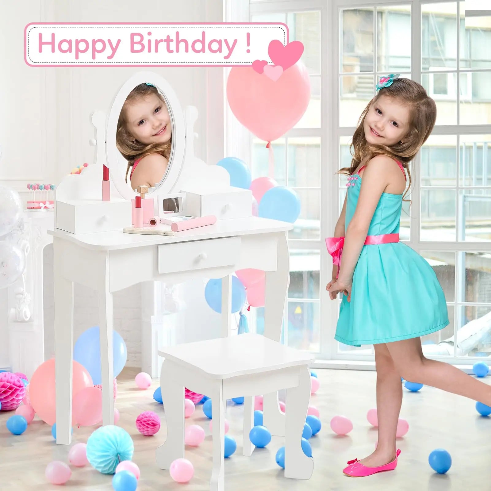 Kids Vanity Set with Mirror and Drawer for Pretend Play - The Kings Lots