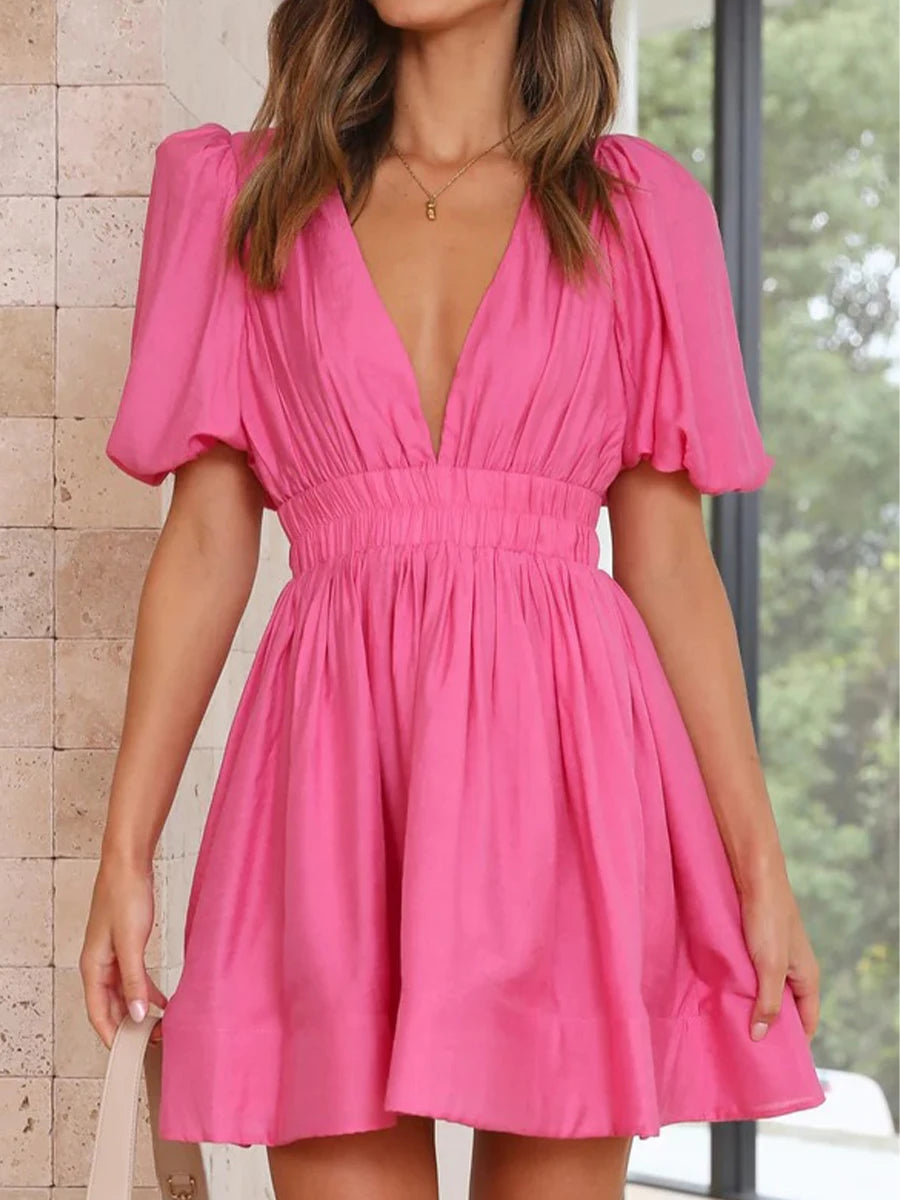 Women Summer Casual A-line Dress Solid Color Deep V-Neck