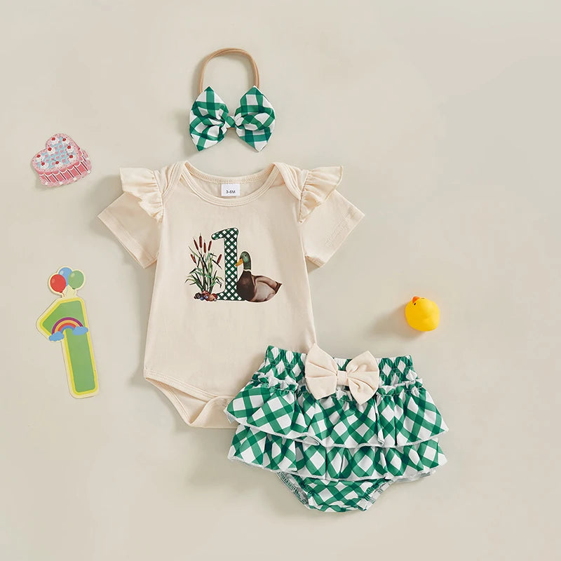 Summer Infant Baby Girl Summer Outfits Short Sleeve Duck Print Romper + Ruffle Shorts + Headband Set Newborn Clothes - The Kings Lots