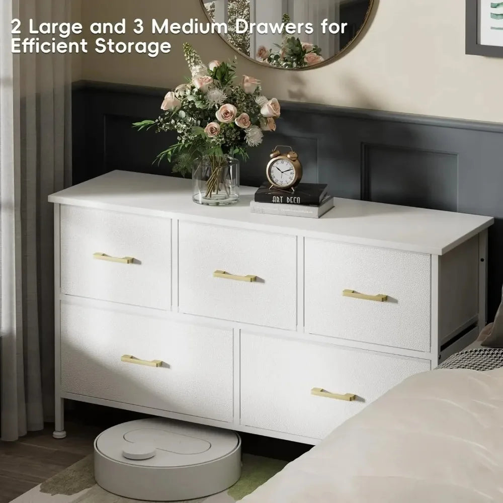 Bedroom 5 Drawer Dresser, White Dresser with Fabric Drawer, Drawer Cabinet PU Finish, Metal Handle, Closet Kids Room, White - The Kings Lots