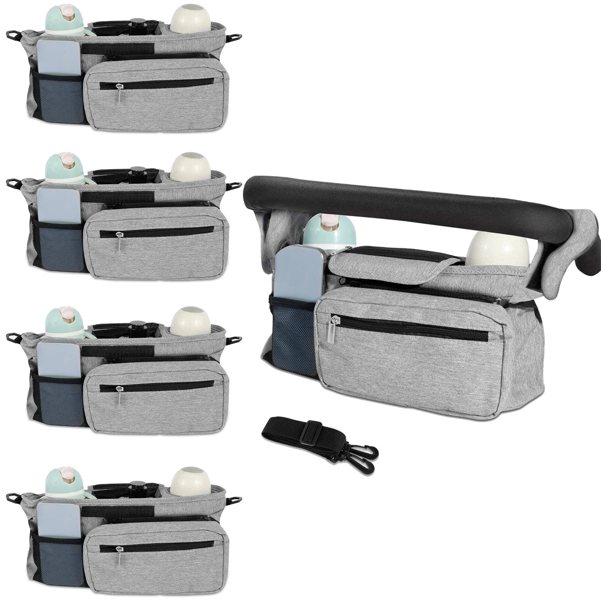 5PCS/1PCS Stroller Organizer with Insulated Cup Holder Detachable Phone Bag Shoulder Strap for Uppababy Baby Jogger Britax BOB