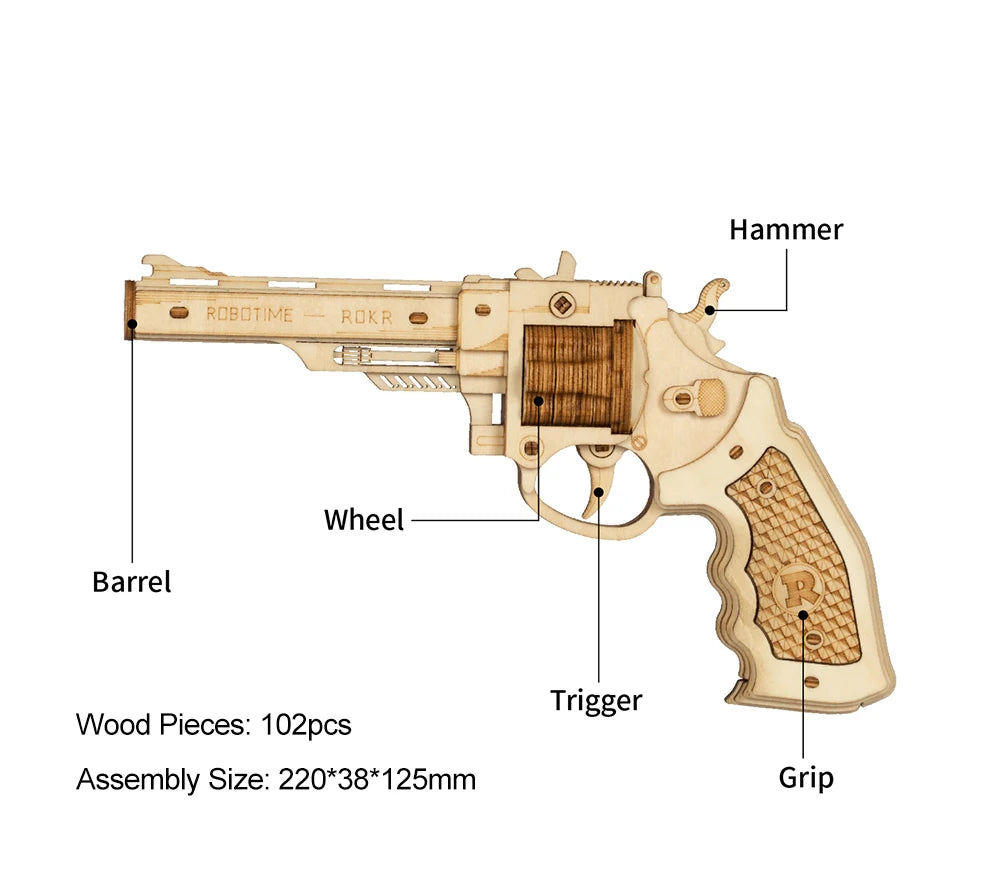 Robotime Rokr DIY 3D Rubber Band Bullet Wooden Gun Puzzle - The Kings Lots
