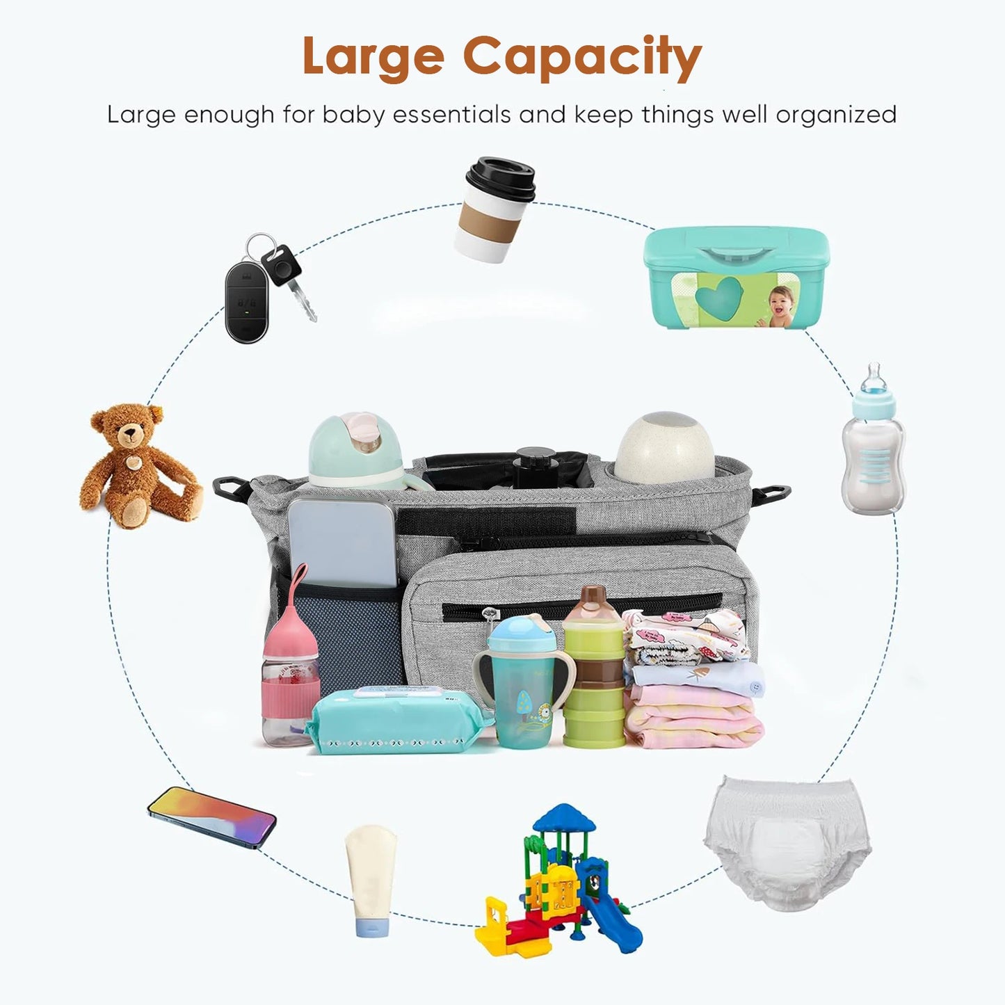 5PCS/1PCS Stroller Organizer with Insulated Cup Holder Detachable Phone Bag Shoulder Strap for Uppababy Baby Jogger Britax BOB
