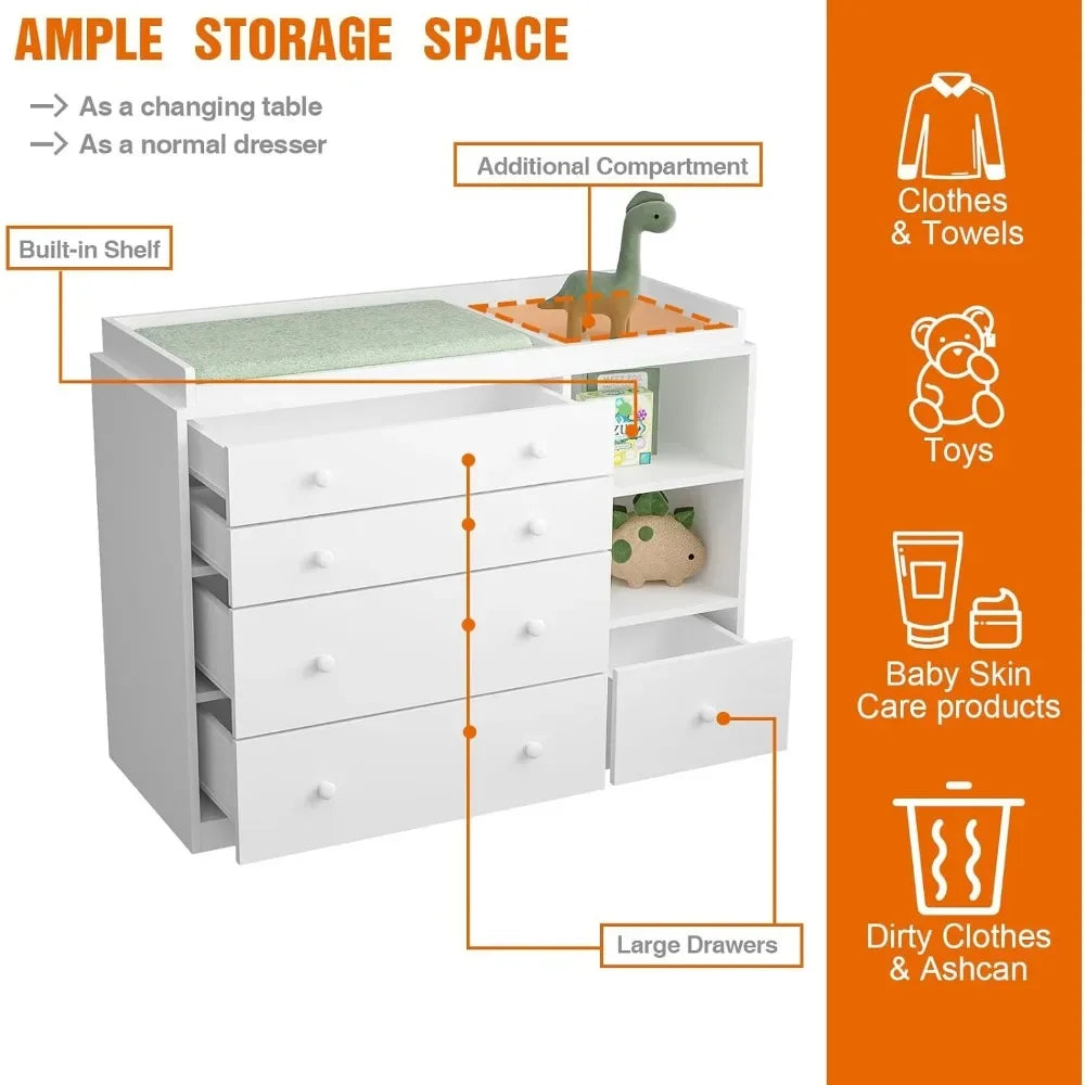 Changing Table Dresser, Baby Dresser with 5 Drawers and 2 Shelves,Multi-Functional Baby Changing Table,Classic Nursery Dresser - The Kings Lots