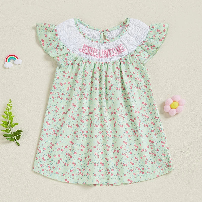 Toddler Girls Dress Floral Print Letter Embroidery Round Neck Fly Sleeve Casual Dress Baby Summer Dress - The Kings Lots