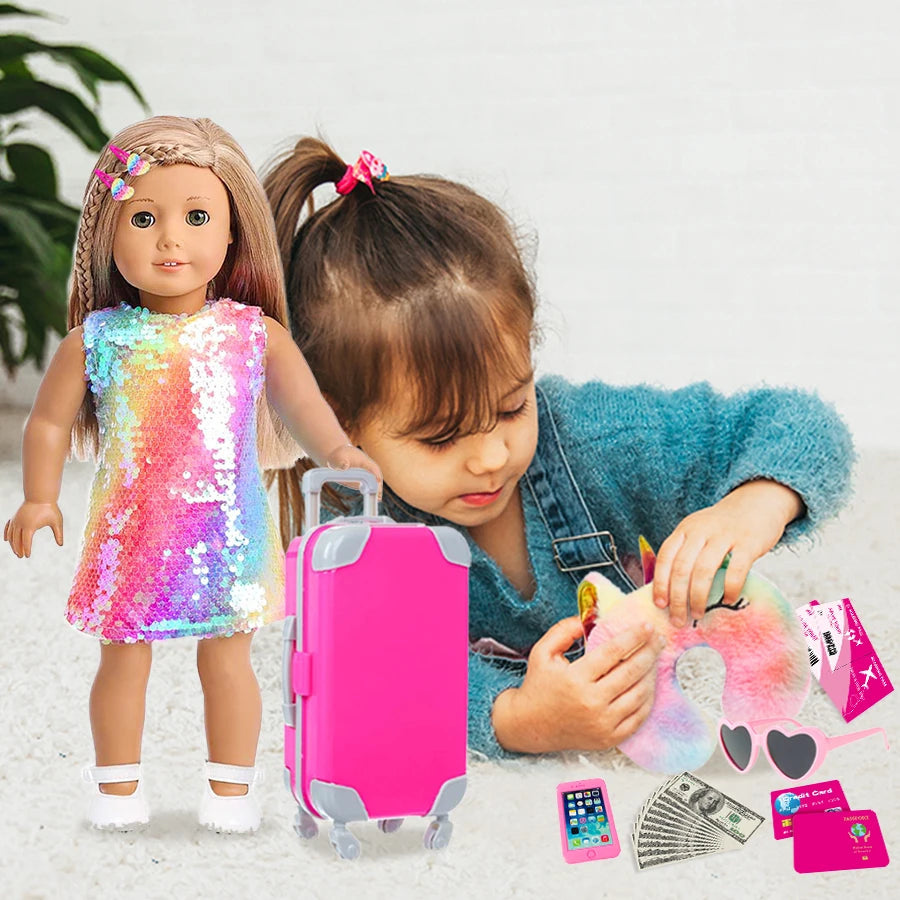 18Inch Doll Clothes Colorful Dress Lovely Travel Suitcase American Girl Doll Summer Outfit Hoodie Baby Toys Wear Girl's Gifts - The Kings Lots