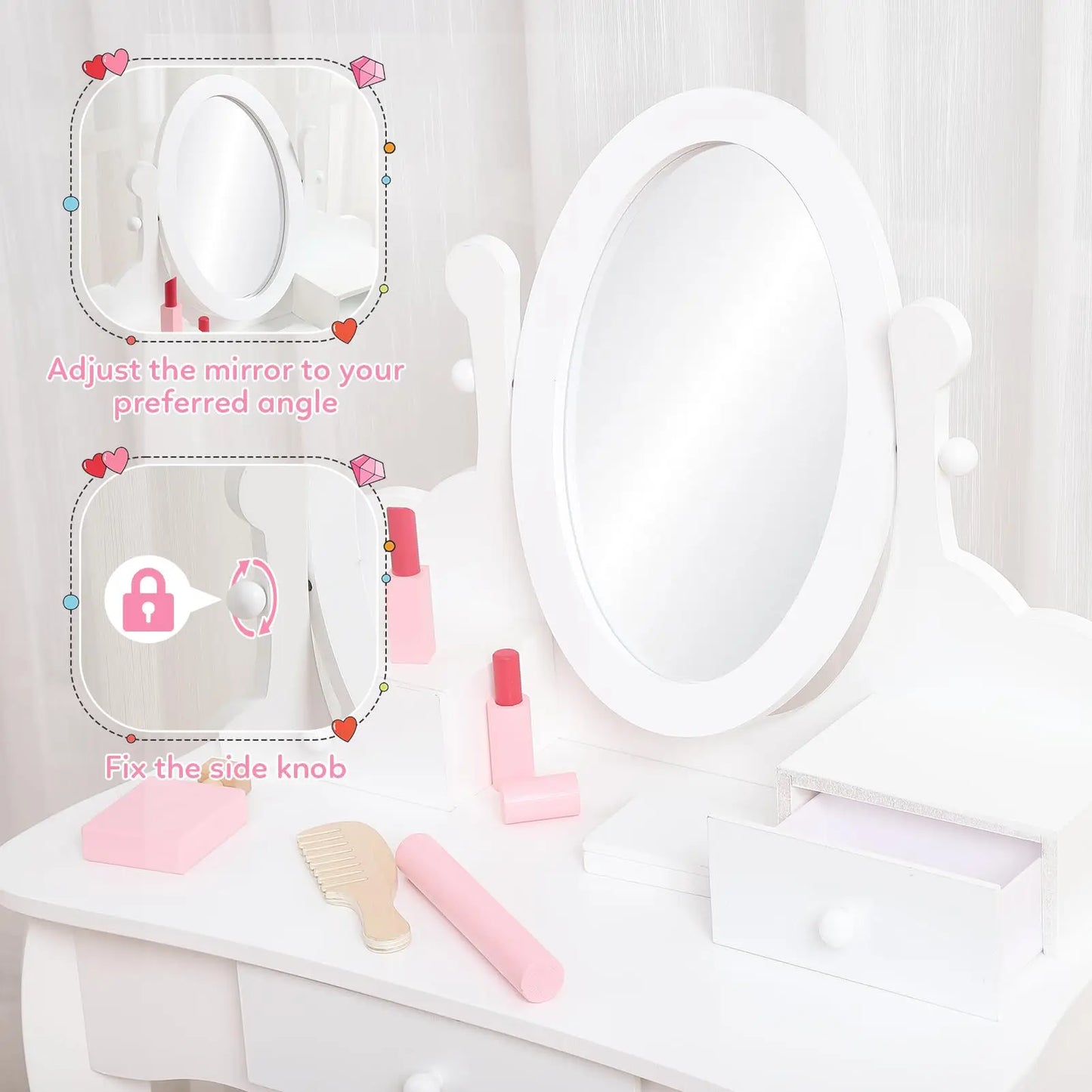 Kids Vanity Set with Mirror and Drawer for Pretend Play - The Kings Lots
