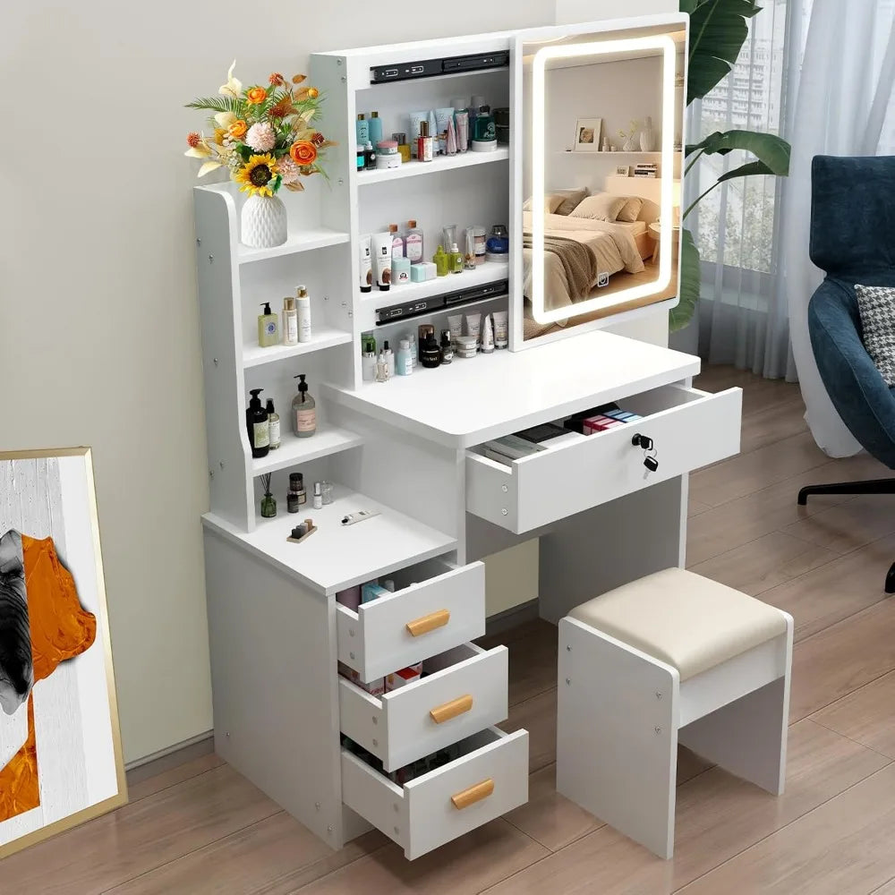 3 Lighting Modes with Drawers, with Open Storage Shelves,Vanity Table for Bedroom,Gifts for Girls and Women - The Kings Lots