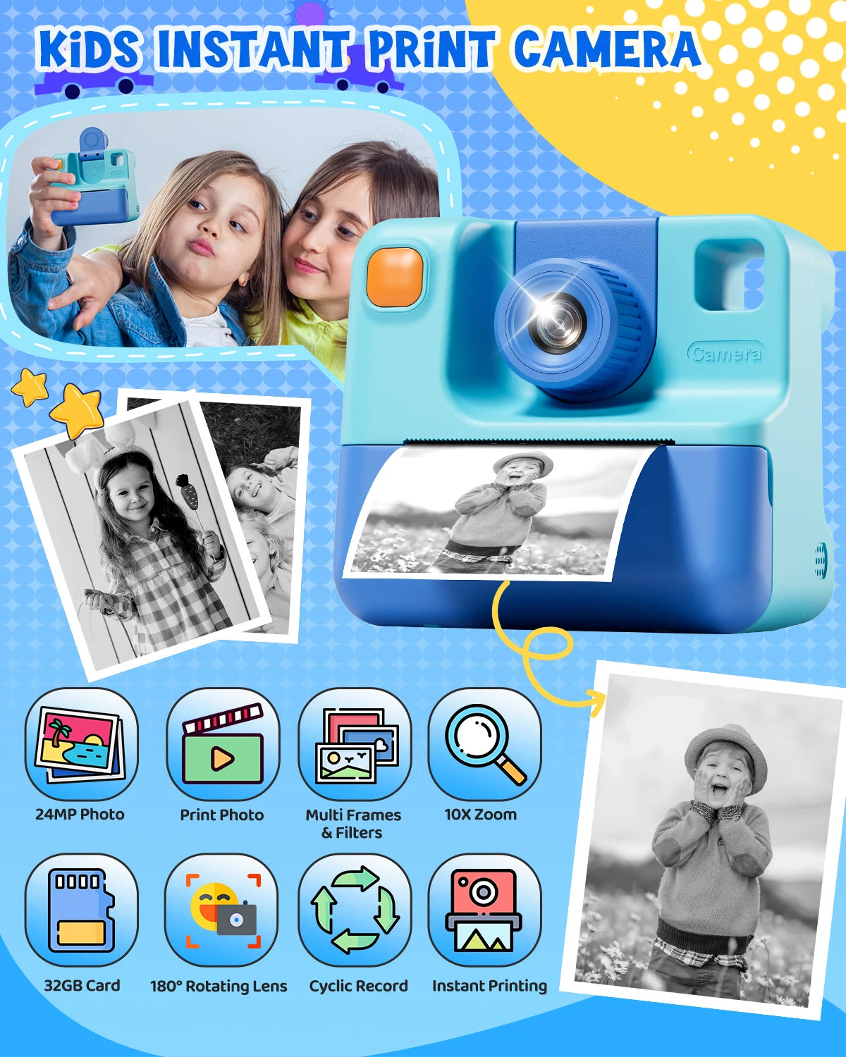 Gofunly Kids Digital Camera Toy 1080P HD Instant Print Camera - The Kings Lots