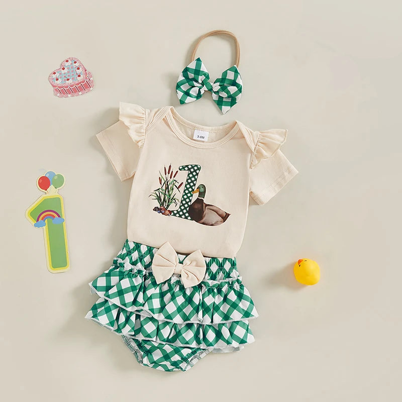 Summer Infant Baby Girl Summer Outfits Short Sleeve Duck Print Romper + Ruffle Shorts + Headband Set Newborn Clothes - The Kings Lots