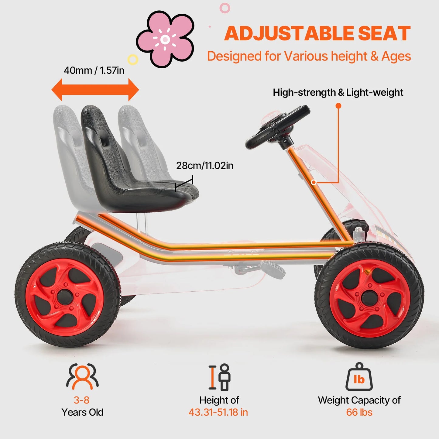 VEVOR 66lbs Kids Pedal Go Kart 4 Wheel Off-Road Pedal Ride On Toys with Adjustable Seat Outdoor Racer Pedal Car for Boys & Girls - The Kings Lots