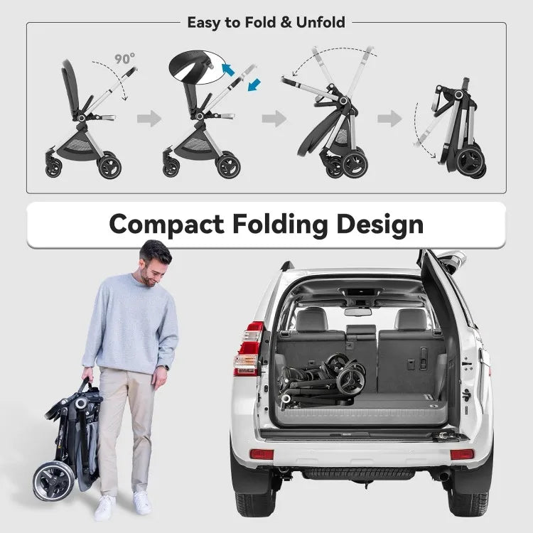 Reversible Baby Stroller, Full-Size Toddler Stroller, Full Recline Cockpit Compact Stroller, 0-36 Months Newborn Infant Stroller