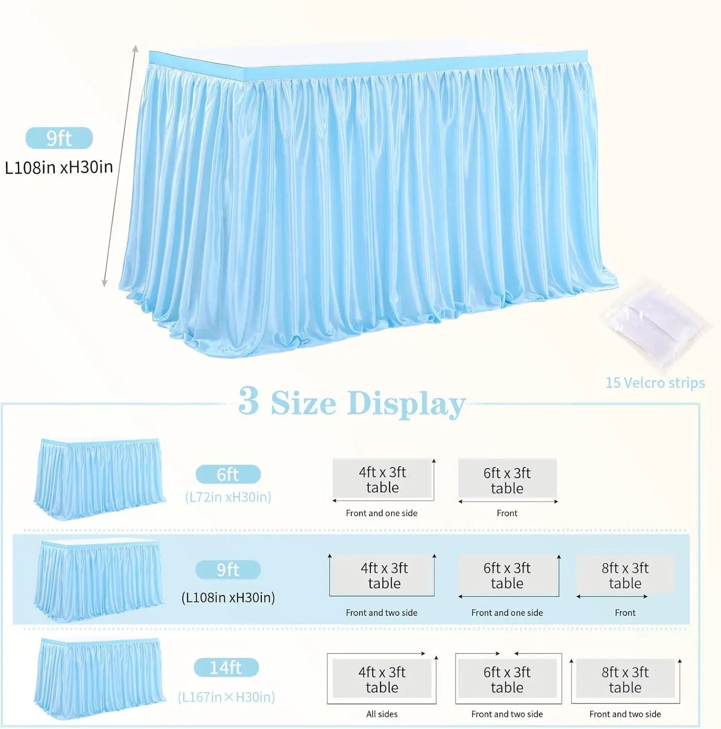 3 Piece Blue Table Skirt for Rectangle Table 9ft Polyester Cover - The Kings Lots