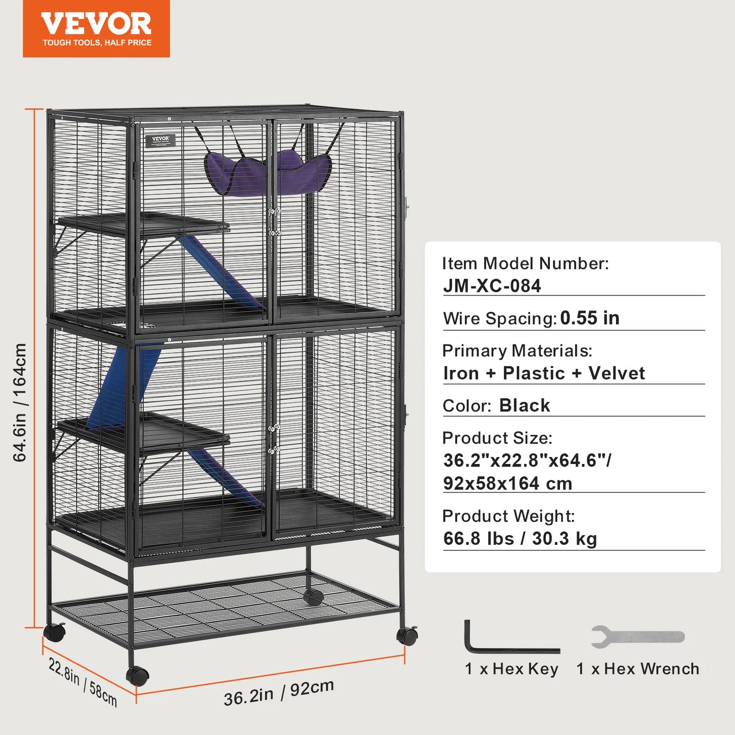 VEVOR 64.6" Rolling Metal Ferret Cage Large 4-Tier Critter Cage