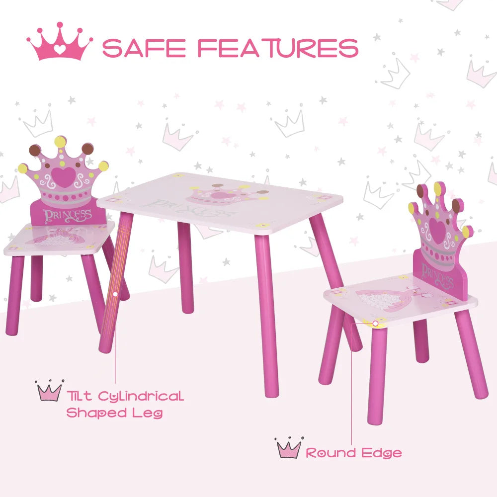 3-Piece Kids Wooden Table and Chair Set with Crown Pattern Gift for Girls Toddlers Arts Reading Writing Age 2-4 Years Pink - The Kings Lots