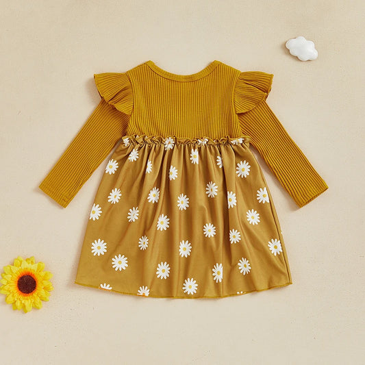 Kids Girls Casual Dress Long Sleeve Dress Crew Neck Flower Print Fall Dress for Daily - The Kings Lots