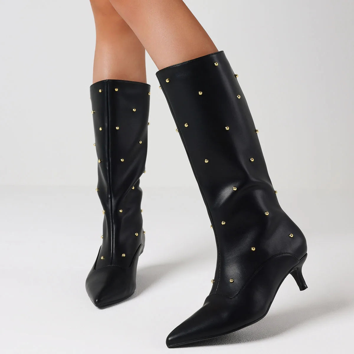 Sexy Rivets Women High Heel Boots Slip On Mid Calf Shoes - The Kings Lots