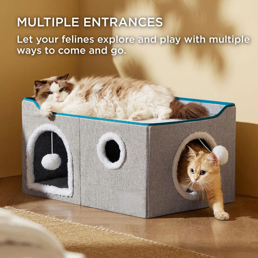 Wide Cat House for Indoor Cats - Large Cat Cave with Scratch Pad - The Kings Lots