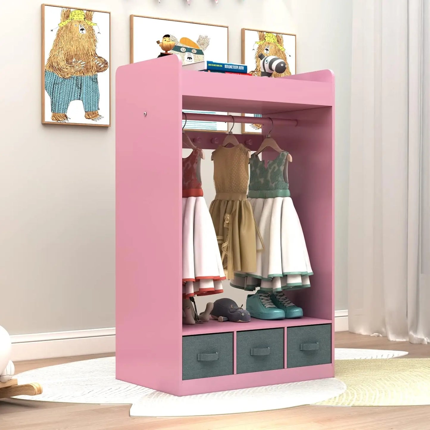 Children's Wardrobes , Dress up Storage with Mirror and Storage Bin,Kids Play Armoire Dresser with Mirror,Kids Costume Organizer - The Kings Lots