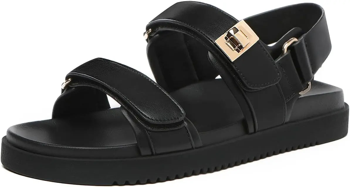 Women's Flat Sandals Comfort Adjustable Double Strap Slip on Leather Footbed Sandals - The Kings Lots