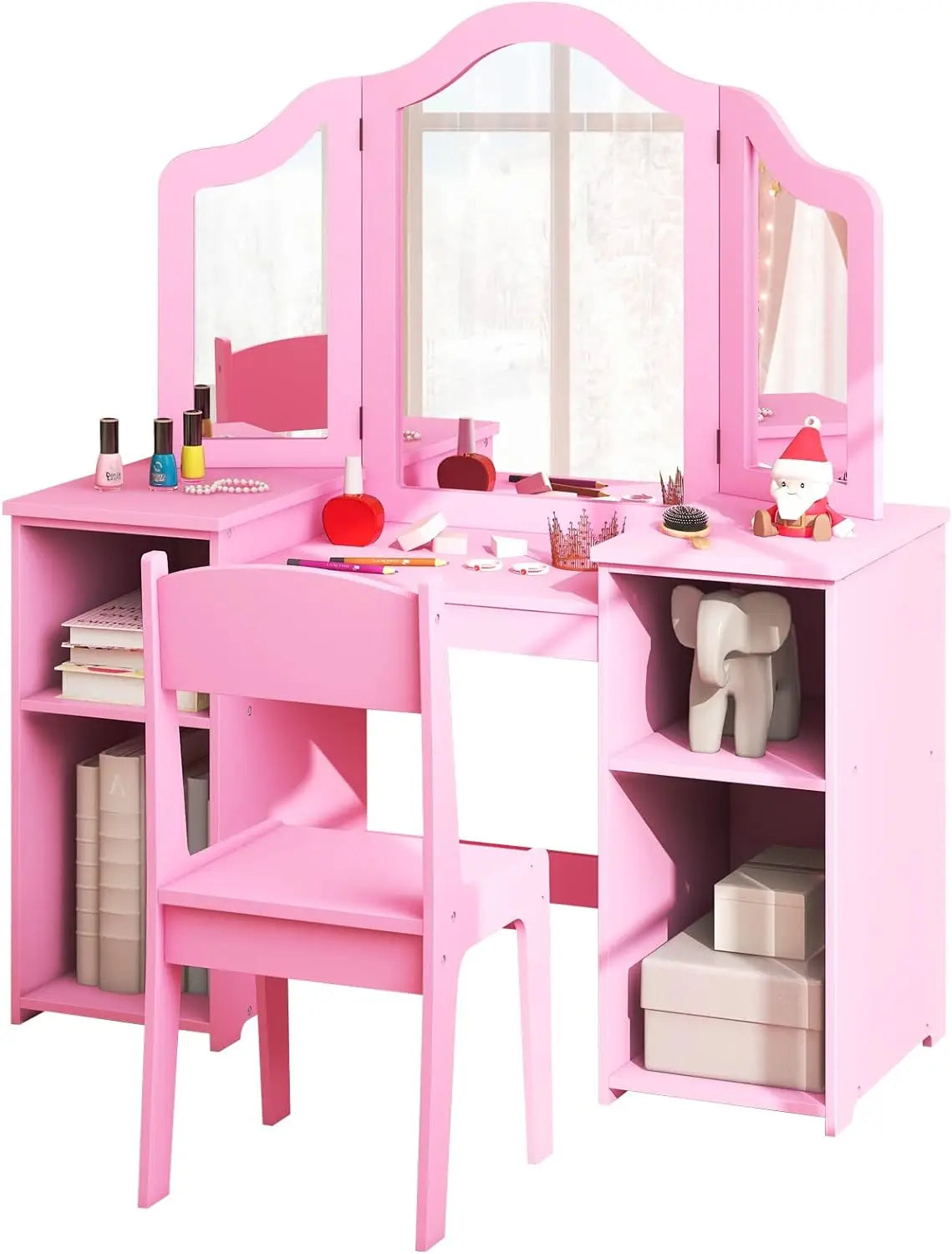 Kids 2-in-1 Princess Makeup Desk & Chair with Detachable Mirror, Shelves, Pretend Play Dressing Table for Girls (Pink) - The Kings Lots