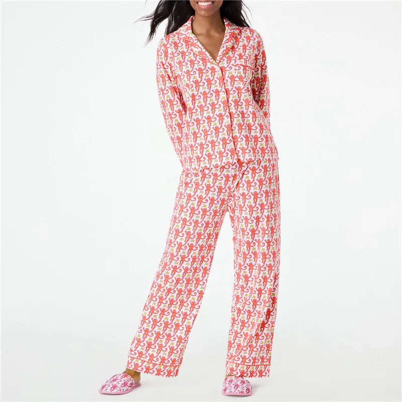 Roller Rabbit Monkey Pajamas Preppy Pjs Cute Pj Pants Sets For Women Y2k Long Sleeve Pajamas Set 2 Piece Loungewear - The Kings Lots