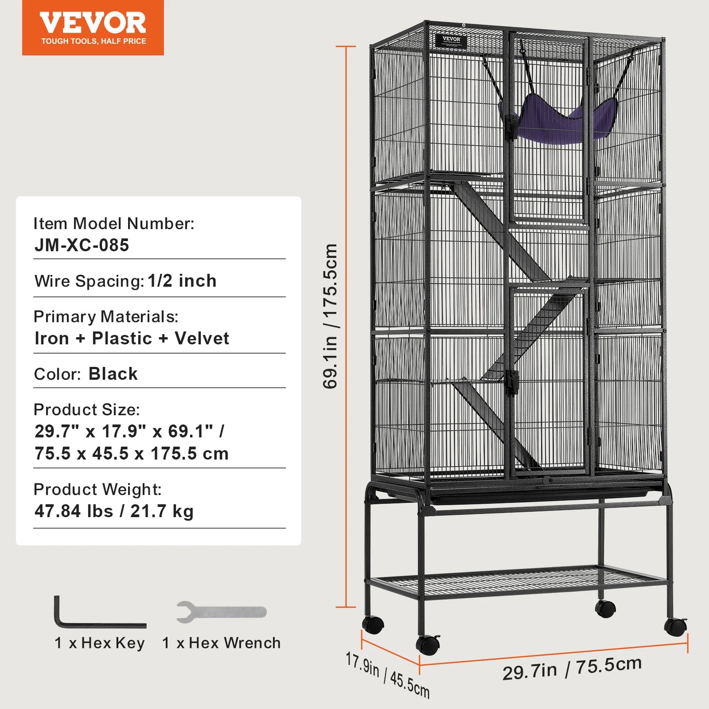 VEVOR 64.6" Rolling Metal Ferret Cage Large 4-Tier Critter Cage