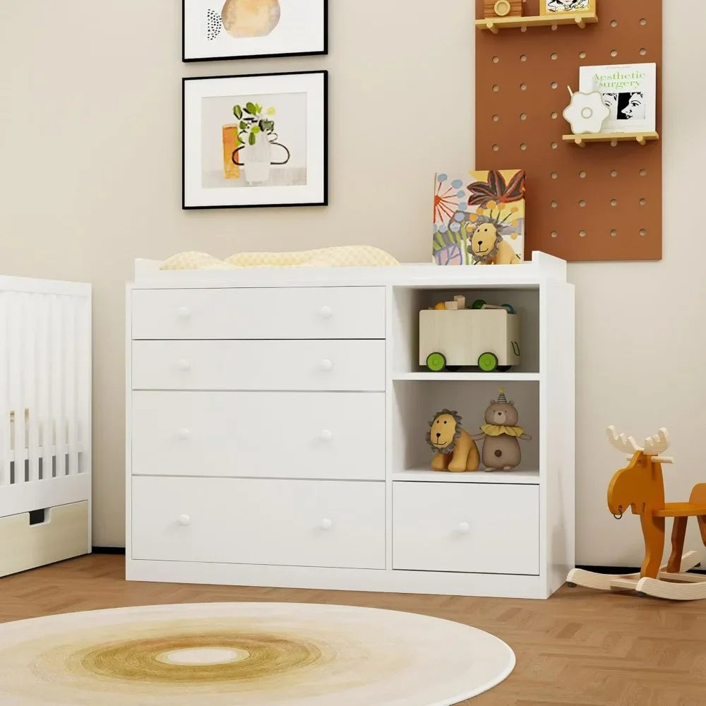 Changing Table Dresser, Baby Dresser with 5 Drawers and 2 Shelves,Multi-Functional Baby Changing Table,Classic Nursery Dresser - The Kings Lots