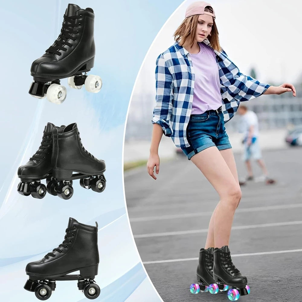 PU Leather Roller Skates Skating Shoes Size 4 Flash Wheels - The Kings Lots