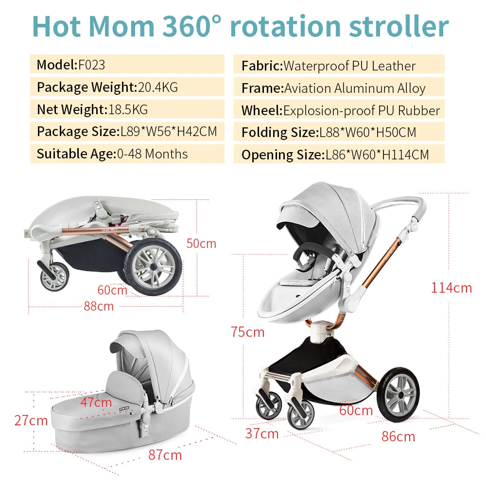 Hot Mom F023 Baby Stroller 2 in 1,Rotates 360 Degrees,PU Leather, Mosquito Net, Rain Cover, Adapter, Cup Holder, large wheels - The Kings Lots
