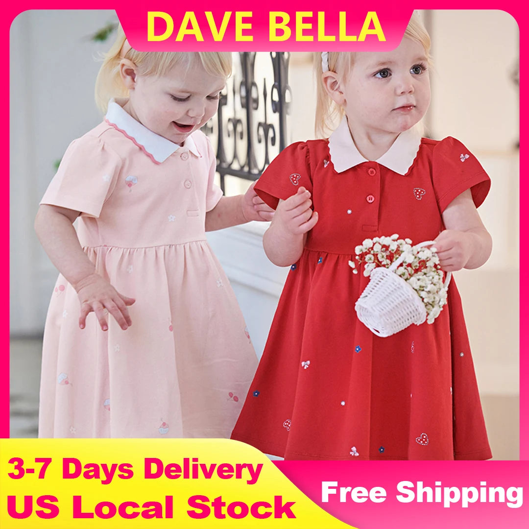 Dave Bella Short Sleeve Children Dresses Cute Print Polo Dress - The Kings Lots