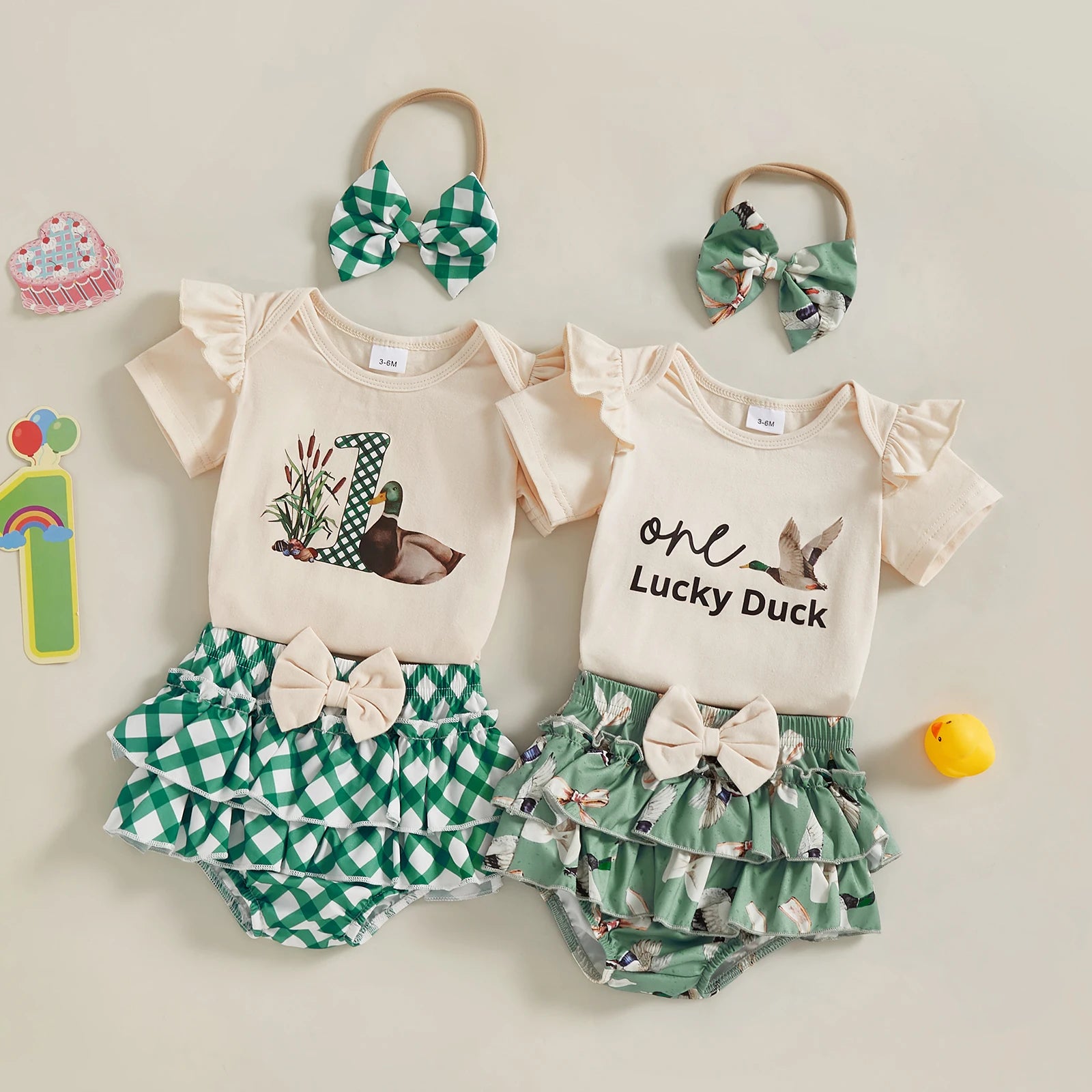 Summer Infant Baby Girl Summer Outfits Short Sleeve Duck Print Romper + Ruffle Shorts + Headband Set Newborn Clothes - The Kings Lots