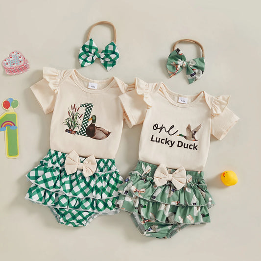 Summer Infant Baby Girl Summer Outfits Short Sleeve Duck Print Romper + Ruffle Shorts + Headband Set Newborn Clothes - The Kings Lots