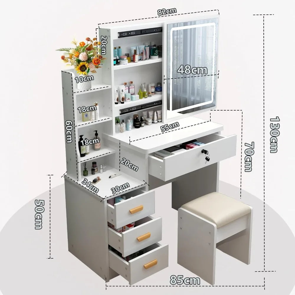 3 Lighting Modes with Drawers, with Open Storage Shelves,Vanity Table for Bedroom,Gifts for Girls and Women - The Kings Lots