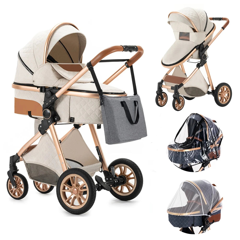 Luxury Baby Stroller 3 in 1 High Landscape Baby Cart Can Sit Can Lie Portable Pushchair Baby Cradel Infant Carrier - The Kings Lots