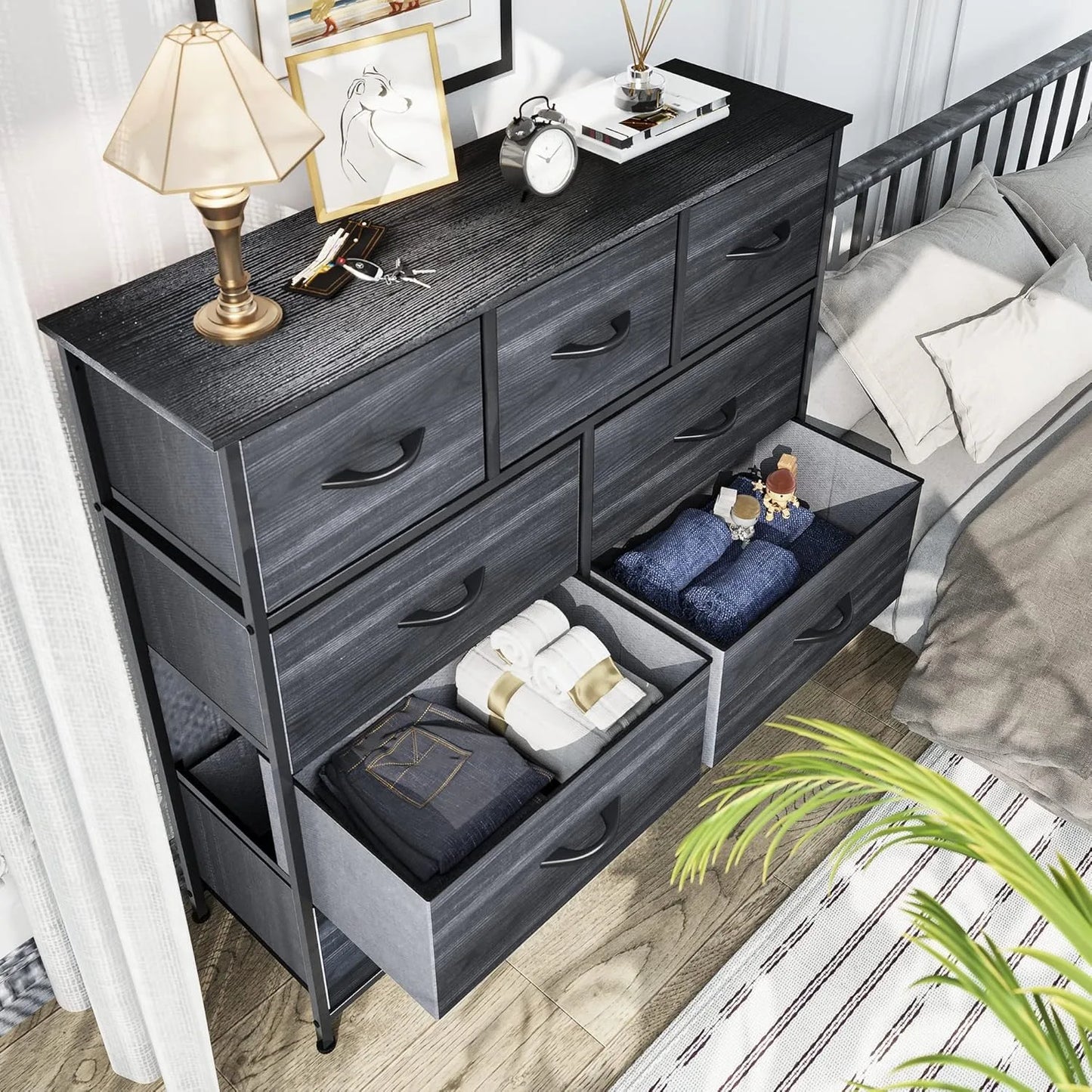 Dresser for Bedroom with 9 Drawers-Fabric Storage Tower Tall Chest Organizer Unit for Living Room, Entryway, Closets, Wooden Top - The Kings Lots