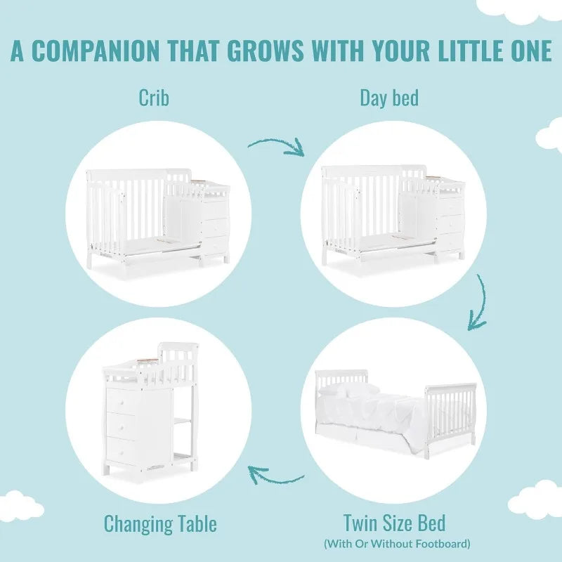 4-in-1 Mini Convertible Crib And Changer in White, Non-Toxic Finish, New Zealand Pinewood, 1" Mattress Pad - The Kings Lots