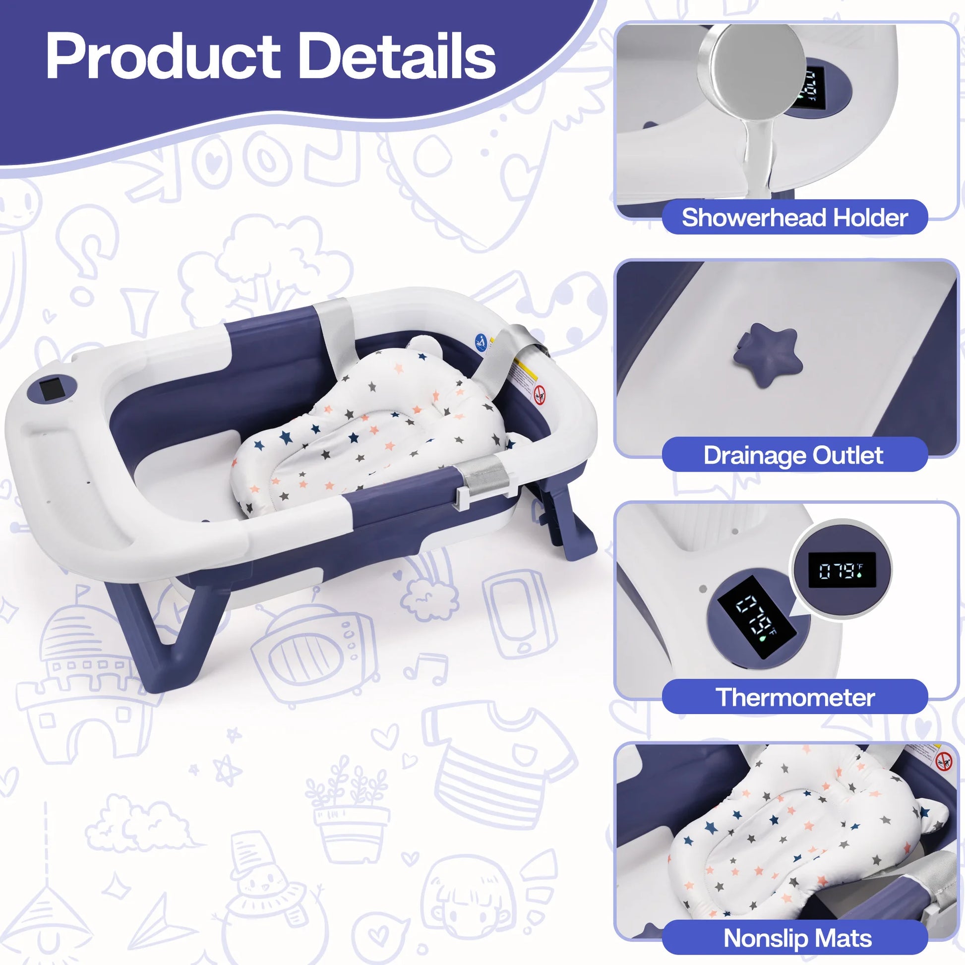 Baby Bathtub with Soft Cushion & Thermometer for 0-36 Months - The Kings Lots