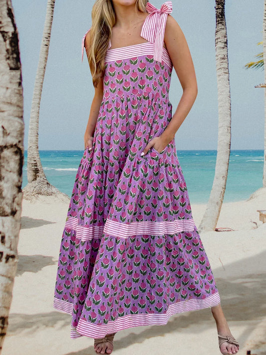 Elegant Maxi Dress with Boho Floral Print and Tie-Up Straps